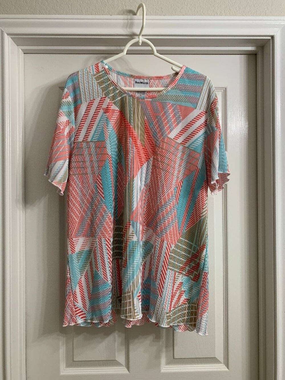 Bon Worth Women's Pink/Blue/Tan Silky Blouse, Size XL